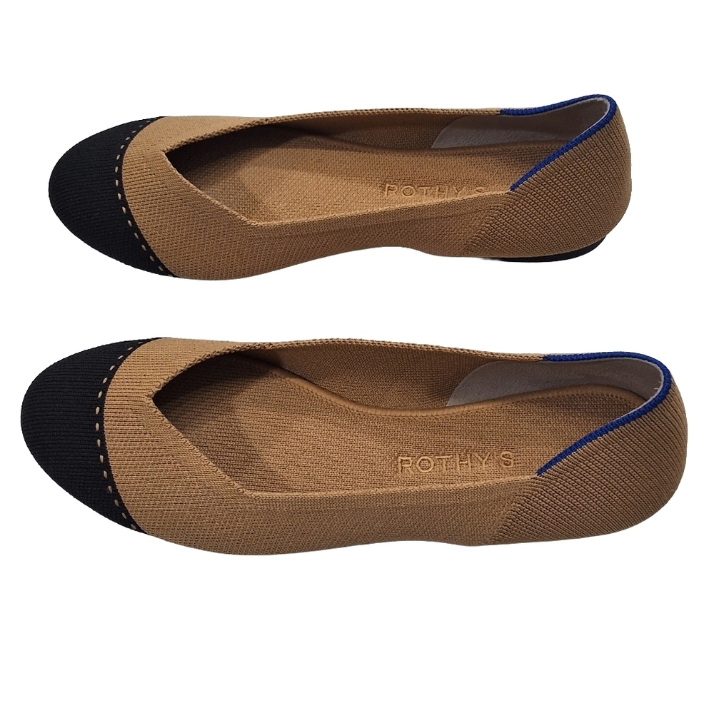 Rothys~Womens Round Camel Cap Toe Ballet Flats~Black Tan Slip On Shoes~Size 8.5 - Picture 4 of 7